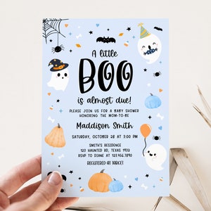 Editable Little Boo Baby Shower Invitation, Blue Halloween Baby Shower Invite, Halloween Boy Ghost Baby Shower Invitation Template, 0518