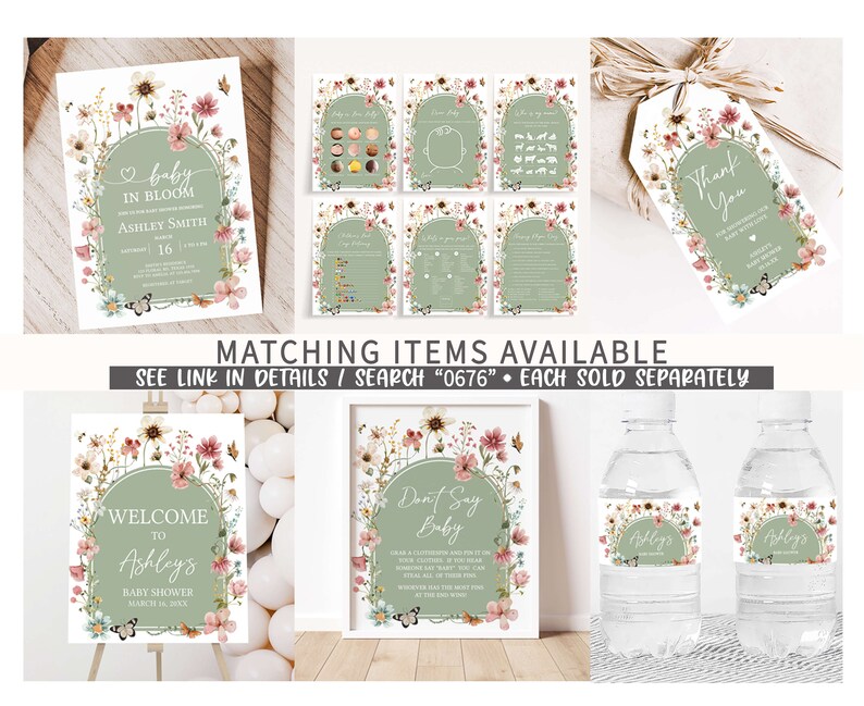 May include: A set of printable baby shower decorations featuring a floral theme with pink and green colors. The set includes a welcome sign, a don't say baby sign, water bottle labels, and a thank you tag. The text on the signs reads "Welcome to Ashley's Baby Shower" and "Don't Say Baby".