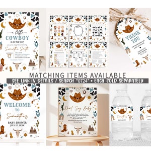 May include: A set of printable baby shower decorations with a western theme. The decorations feature a cowboy hat, cacti, stars, and other western motifs. The text on the decorations says "Little Cowboy is on the way!" and "Welcome to Samantha's Baby Shower".