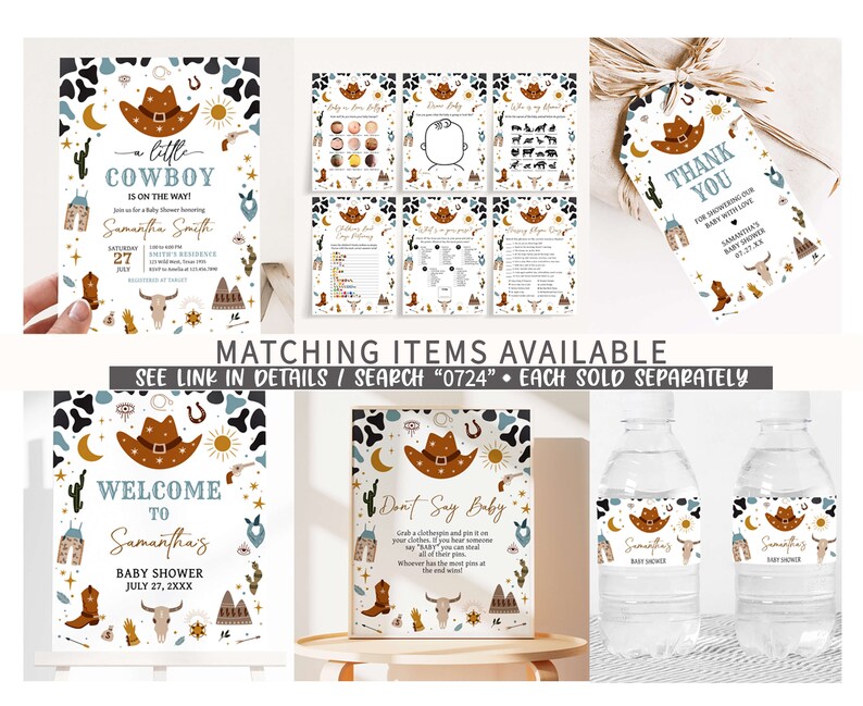 May include: A set of printable baby shower decorations with a western theme. The decorations feature a cowboy hat, cacti, stars, and other western motifs. The text on the decorations says "Little Cowboy is on the way!" and "Welcome to Samantha's Baby Shower".