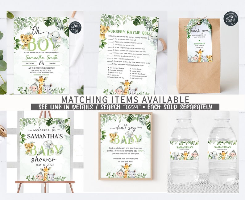 May include: A set of printable baby shower decorations with a jungle theme. The set includes a welcome sign, a don't say baby game, a nursery rhyme quiz, a thank you tag, and water bottle labels. The decorations feature a green, brown, and white colour scheme with illustrations of animals such as elephants, giraffes, and monkeys.