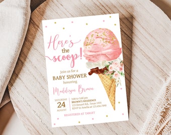 Editable Here's the Scoop Baby Shower Invitation, Pink Ice Cream Baby Shower Invite, Baby Sprinkle Summer Girl Baby Shower Invitation, 0791