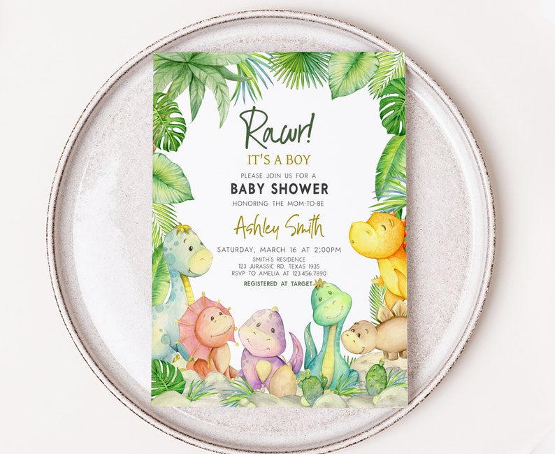 Editable Sign Dinosaur Baby Shower Invitation, Greenery Dino Baby Shower Invite, Dinosaur It's A Boy Baby Shower Invitation Template, 0680 image 1