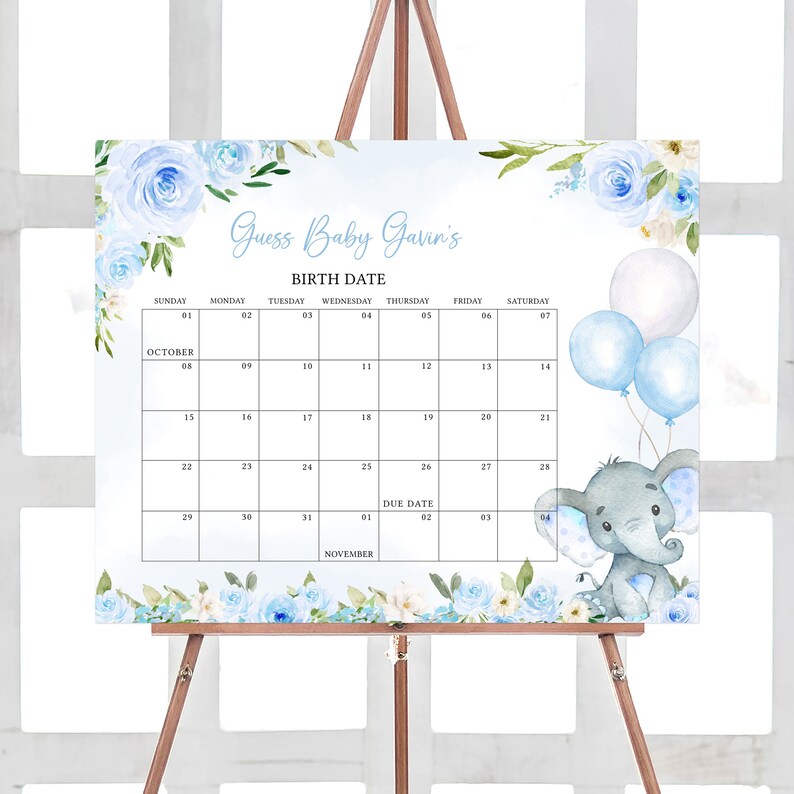 Editable Blue Elephant Baby Shower Due Date Calendar, Boy Elephant Balloon Baby Shower Calendar, Blue Balloon Boy Birthday Predictions, 0617 image 1