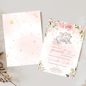 Editable Pink Elephant Baby Shower Invitation Bunle, Pink Floral Elephant Baby Shower Invite Set, Pink Flowers Girl Baby Shower Invite, 0635 image 2