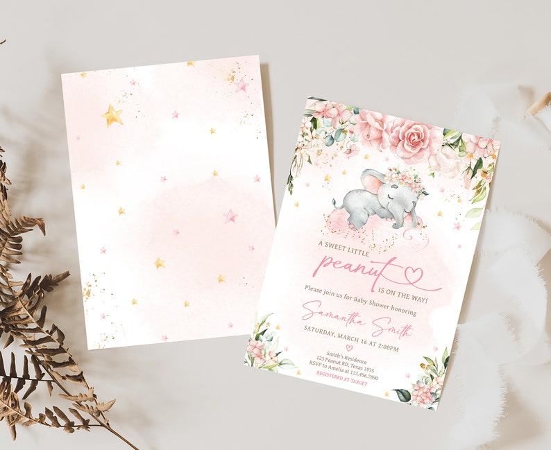 Editable Pink Elephant Baby Shower Invitation Bunle, Pink Floral Elephant Baby Shower Invite Set, Pink Flowers Girl Baby Shower Invite, 0635 image 2