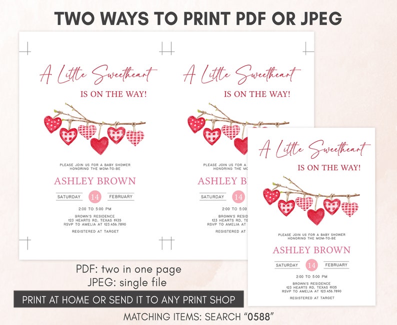 Editable Valentine Baby Shower Invitation, A Little Sweetheart Baby Shower Invite, Pink Red Hearts Baby Shower Invitation Template, 0588 image 3