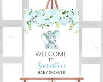 Welkomstbord jongen olifant babyshower, babyolifant welkomstbord, blauwe bloemen babyshower bord, afdrukbare decoratiesjabloon 0163