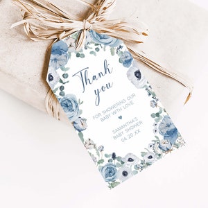 Etiqueta de chá de bebê azul editável em flor, etiqueta de presente de chá de bebê com flores de primavera para menino, etiqueta de agradecimento de chá de flores silvestres azul empoeirado, 0710 imagem 3