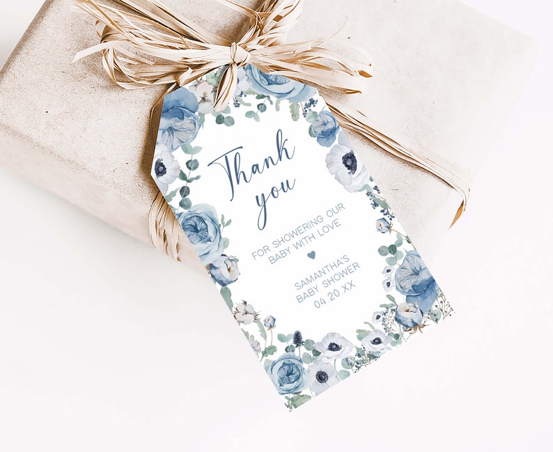 Etiqueta de chá de bebê azul editável em flor, etiqueta de presente de chá de bebê com flores de primavera para menino, etiqueta de agradecimento de chá de flores silvestres azul empoeirado, 0710 imagem 3
