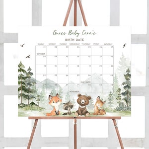 Modificabile Lascia che l'avventura abbia inizio Woodland Baby Shower Calendario data di scadenza, Boy Adventure Baby Shower Calendario, Gioco di previsioni di compleanno, 0496