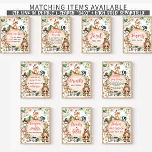 May include: Nine printable signs for a baby shower with a woodland theme. The signs feature a pink and green floral design with a brown bear and fox. The signs include the text: "Don't Say Baby", "Food", "Favors", "Drinks", "Diaper Raffle", "Books & Gifts", "Babies are Sweet", "Please Help the Moms-to-be by Making Yourself the Addressee", and "Bite Night Dumpers".