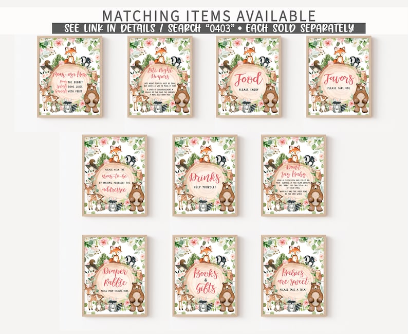 May include: Nine printable signs for a baby shower with a woodland theme. The signs feature a pink and green floral design with a brown bear and fox. The signs include the text: "Don't Say Baby", "Food", "Favors", "Drinks", "Diaper Raffle", "Books & Gifts", "Babies are Sweet", "Please Help the Moms-to-be by Making Yourself the Addressee", and "Bite Night Dumpers".