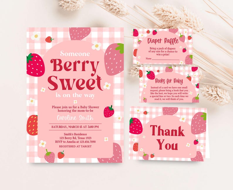 Girl Strawberry Baby Shower Invitation Set