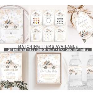 May include: A collection of baby shower stationery items with a winter theme. The designs feature a vintage truck carrying woodland animals and a Christmas tree. The text includes "Baby it's cold outside", "Welcome to Ashley's Baby Shower", and "Don't Say Baby".
