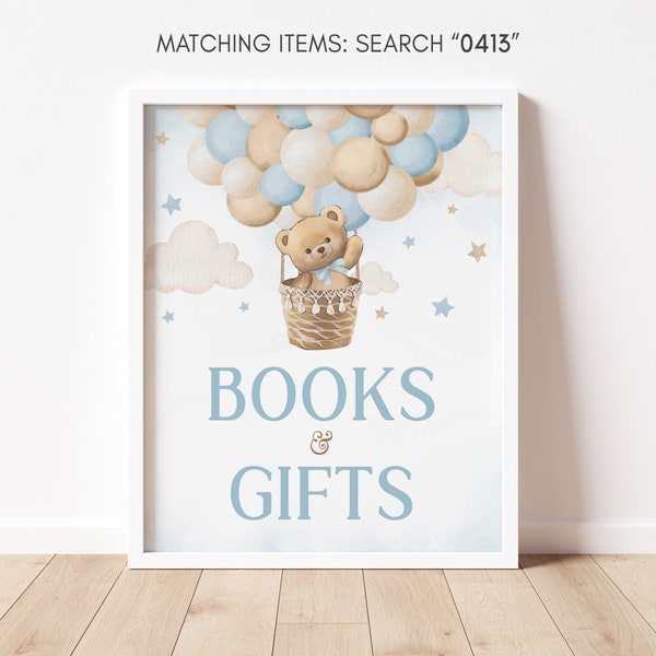 Teddy Bear Hot Air Balloon Baby Shower Books and Gifts Sign, We can Bearly Wait Baby Shower Gifts Table Sign, Boho Blue Teddy Bear Sign 0413