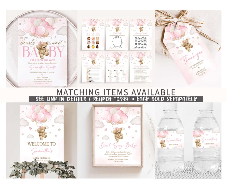 Editable Pink Girl Bear Balloon Baby Shower Games Bundle, We Can Bearly Wait Girl Baby Shower Game Pack, Boho Bear Baby Shower Games, 0599 image 2