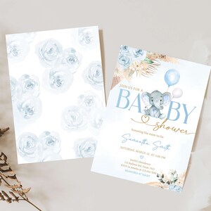 Editable Boho Elephant Baby Shower Invitation, Boy Blue Elephant Baby Shower Invite, Blue Floral Pampas Grass Boy Baby Shower Invite, 0618 image 2