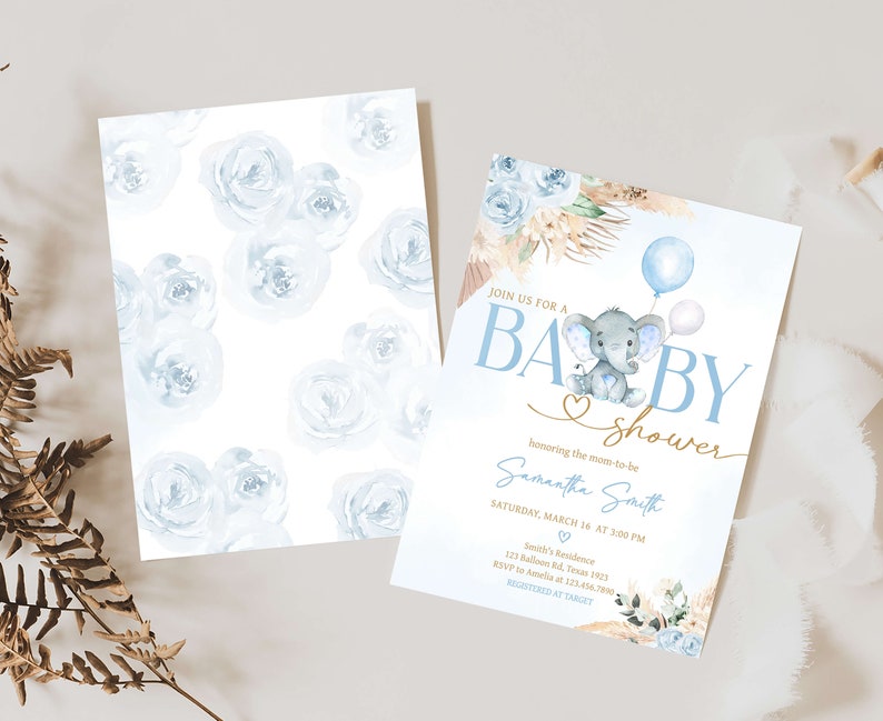 Editable Boho Elephant Baby Shower Invitation, Boy Blue Elephant Baby Shower Invite, Blue Floral Pampas Grass Boy Baby Shower Invite, 0618 image 2