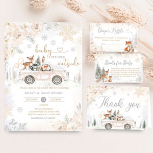 Editable Winter Woodland Baby Shower Invitation Bundle, Woodland Winter Baby Shower Invite Set, Gender Neutral Baby it's Cold Outside, 0533 image 1