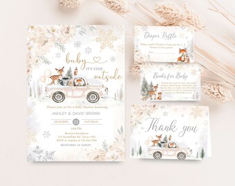 Editable Winter Woodland Baby Shower Invitation Bundle, Woodland Winter Baby Shower Invite Set, Gender Neutral Baby it's Cold Outside, 0533