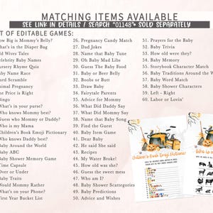 The image is a list of editable games available, with various titles and descriptions, including games related to pregnancy, baby names, nursery rhymes, and more.