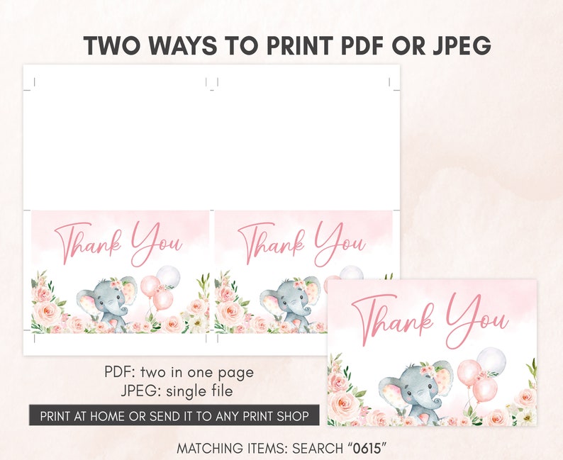 a pair of thank cards with an elephant and flowers