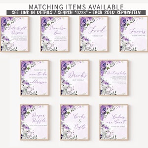 May include: Purple and white floral baby shower signs with bunny illustrations. The signs include titles like "Late Night Diapers", "Mom-osa Bar", "Food", "Favors", "Drinks", "Don't Say Baby", "Diaper Raffle", "Books & Gifts", and "Babies are Sweet".