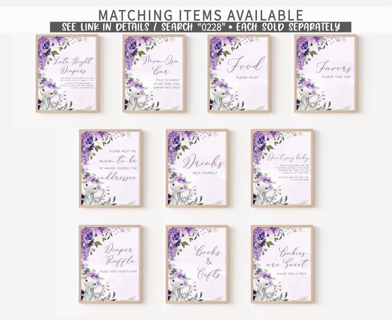May include: Purple and white floral baby shower signs with bunny illustrations. The signs include titles like "Late Night Diapers", "Mom-osa Bar", "Food", "Favors", "Drinks", "Don't Say Baby", "Diaper Raffle", "Books & Gifts", and "Babies are Sweet".