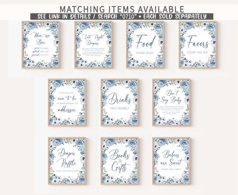 Pode incluir: Dez sinais imprim&iacute;veis com bordas florais azuis e fundos brancos. Os sinais t&ecirc;m texto que diz "Mom-osa Bar", "Late Night Diapers", "Food Please Enjoy", "Favors Please Take One", "Please Help the Mom-to-be by Making Yourself the Addressee", "Drinks Help Yourself", "Don't Say Baby", "Diaper Raffle Place Your Tickets Here", "Books & Gifts", and "Babies are Sweet Please Take a Treat".