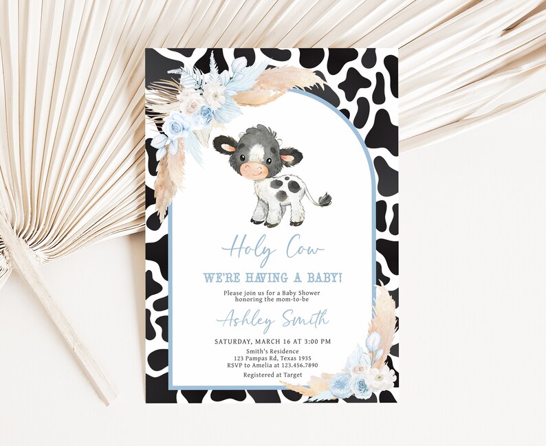 Editable Boy Holy Cow Baby Shower Invitation Bundle, Blue Highland Cow Baby Shower Invite Set, Boho Floral Farm Baby Shower Invitation, 0663 image 3