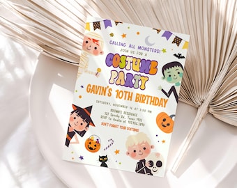 May include: A white invitation with a purple, orange, and yellow "Costume Party" title. The invitation features cartoon characters dressed in Halloween costumes and includes details for a 10th birthday party. The text reads "Calling all monsters! Join us for a Costume Party. Gavin's 10th Birthday. Saturday, November 16 at 3:00 PM. Brown's Residence. 123 Spooky Rd., Texas 1935. RSVP to Amelia at 123.456.7890. Don't forget your costume."