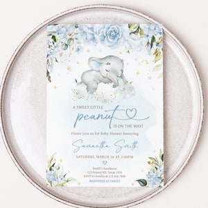 Editable Blue Elephant Baby Shower Invitation, Blue Floral Elephant Baby Shower Invite, Blue Flowers Boy Baby Shower Invite Template, 0636 image 1