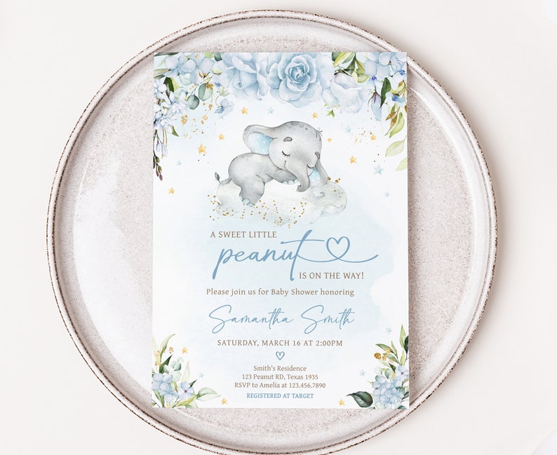 Editable Blue Elephant Baby Shower Invitation, Blue Floral Elephant Baby Shower Invite, Blue Flowers Boy Baby Shower Invite Template, 0636 image 1