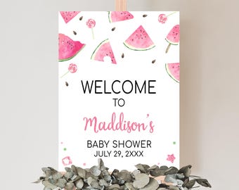 Letrero de bienvenida editable con diseño de sandía rosa para baby shower, póster de bienvenida con diseño de sandía para baby shower de niña, decoración encantadora para baby shower, 01073