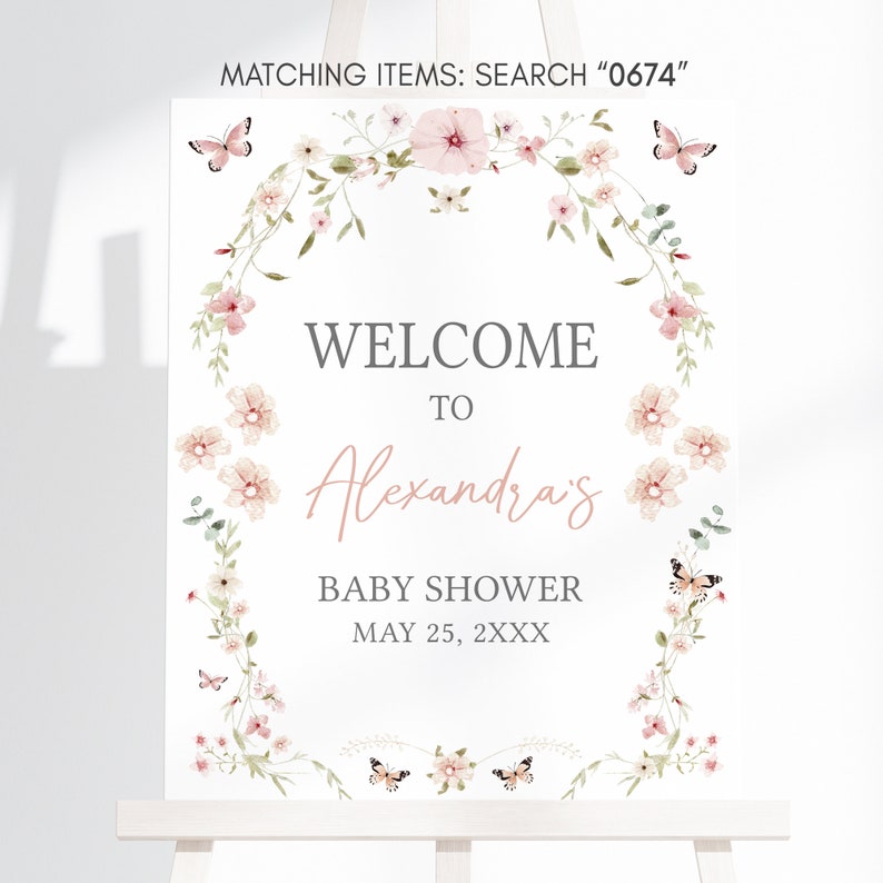 Edytowalny Baby in Bloom Baby Shower Welcome Sign, Motyl Baby Shower Welcome Poster, Motyle Wildflower Spring Baby Shower Sign, 0674 zdjęcie 3