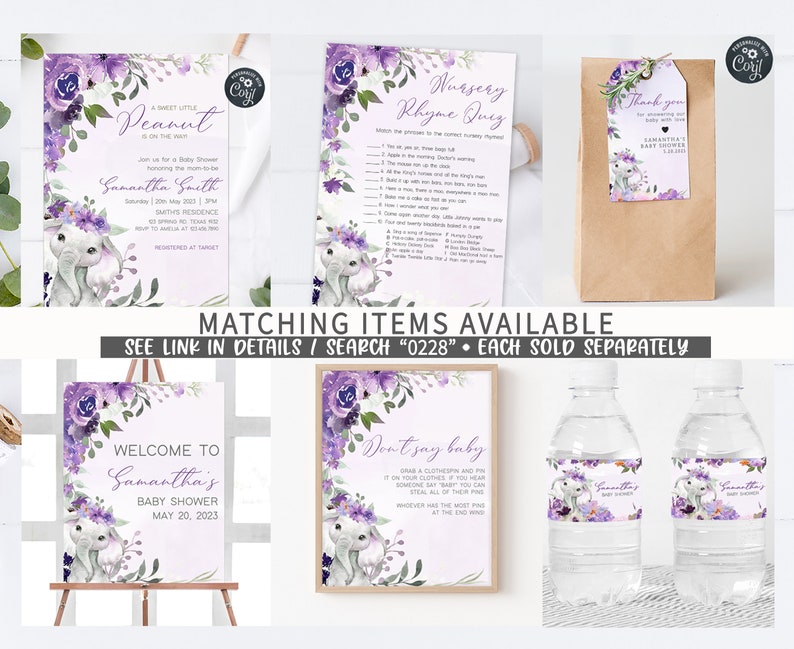 May include: Purple and gray baby shower decorations with a watercolor elephant design. The set includes a welcome sign, a don't say baby game, a nursery rhyme quiz, a favor bag, and water bottle labels. The text on the welcome sign reads "Welcome to Samantha's Baby Shower May 20, 2023".