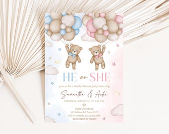 Editable Teddy Bear Gender Reveal Invitation, Boho Bear Balloon Gender Reveal Invite, Pink Blue We Can Bearly Wait Printable Template, GR1
