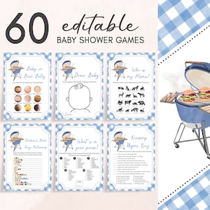 Editable Boy Baby-Q Baby Shower Games Bundle, Blue BBQ Baby Shower Game Pack, Bun In The Oven, Burgers On The Grill Baby Shower Games, 0742