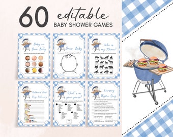 Bewerkbare bundel jongen Baby-Q babyshowergames, blauwe BBQ-babyshowergamepakket, broodje in de oven, hamburgers op de grill babyshowergames, 0742