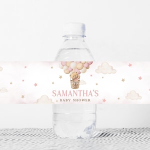 Étiquette modifiable pour biberon de baby shower fille ours rose Nous pouvons attendre très longtemps Étiquette d'eau de baby shower, modèle d'autocollants de bouteille de ballon ballon d'ours en peluche 0417