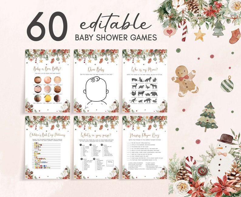 Bundle modifiable de jeux de baby shower joyeux petit, pack de jeux de baby shower de Noël neutres en matière de genre, lot de jeux de baby shower de vacances hiver, 0543 image 1