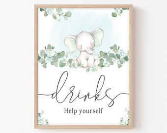Signo de bebidas de baby shower de elefante azul, signo de baby shower de niño, decoración de mesa de bebidas de elefante floral azul, plantilla imprimible de eucalipto 0166