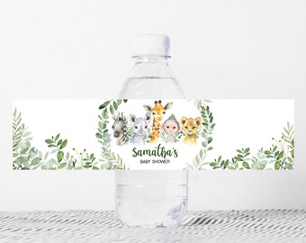 May include: Water bottle label with a green leafy design and a watercolor illustration of a giraffe, monkey, zebra, and rhino. The label says "Samantha's Baby Shower".