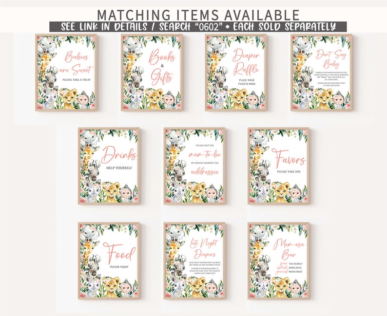 May include: A set of ten printable signs for a baby shower with a jungle theme. The signs feature a variety of animals, including lions, giraffes, and zebras, and have pink and green accents. The signs include text such as "Babies are Sweet", "Books & Gifts", "Diaper Raffle", "Don't Say Baby", "Drinks", "Mom-to-be Address", "Favors", "Food", "Late Night Diapers", and "Mom-osa Bar".