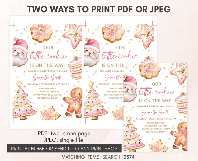 Editable Girl Christmas Cookie Baby Shower Invitation, Pink Gingerbread Baby Shower Invite, Pink A Little Cookie Baby Shower Invite, 0574 image 3