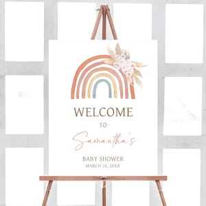 Editable Boho Rainbow Baby Shower Signo de bienvenida, Pink Pampas Grass Boho Rainbow Baby Shower Cartel de bienvenida, Girl Rainbow Baby Shower, 0632 imagen 1