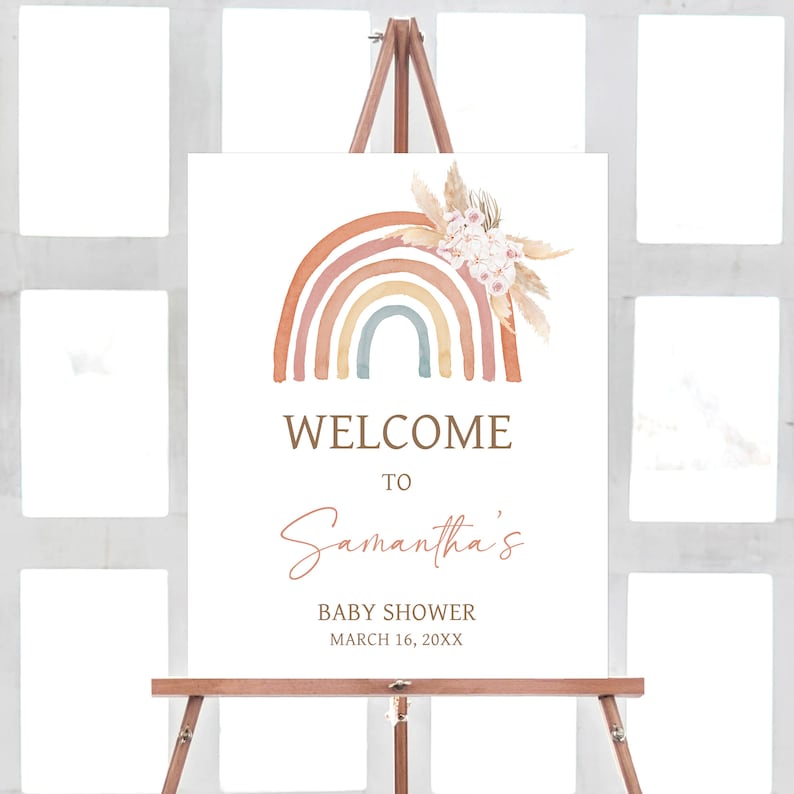 Editable Boho Rainbow Baby Shower Signo de bienvenida, Pink Pampas Grass Boho Rainbow Baby Shower Cartel de bienvenida, Girl Rainbow Baby Shower, 0632 imagen 1