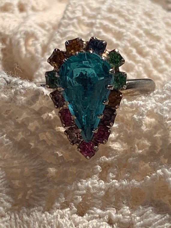 Adjustable Blue Teardrop ring with rainbow stones - image 2