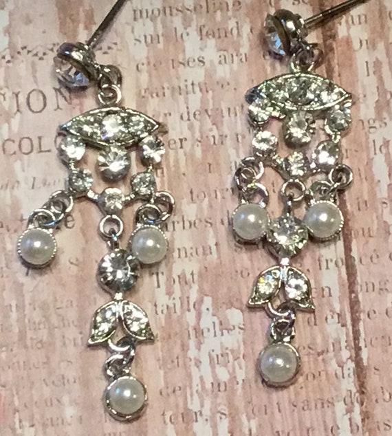 Rhinestone And Pearl Chandelier Post Earring in S… - image 1